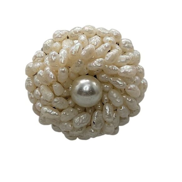 Seed Pearl Cluster Brooch Intricate Twisted Dome Bead Design Silver-Tone Back - Picture 8 of 9
